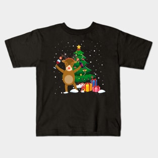 Funny Reindeer Drinking Wine Christmas Tree Kids T-Shirt